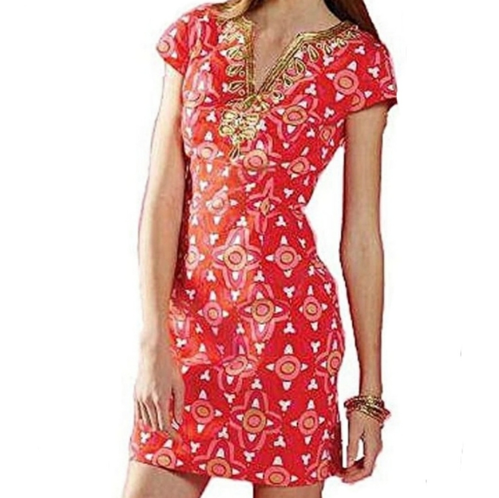 Mud Pie Dress Jackie Dress NWT Red Gold Embroidery size Medium Career Wear